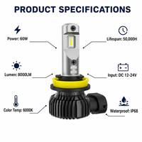 Ampoule de phare de voiture à LED, 4 diodes LED, haute luminosité, étanche, joint torique, installation facile pour phare automobile