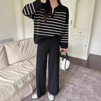 Nouvelle collection 2026 : Ensemble 2 pièces mode coréenne pour femme – Haut tricoté rayé ample et pantalon large décontracté à taille haute en maille drapée – Vente en gros