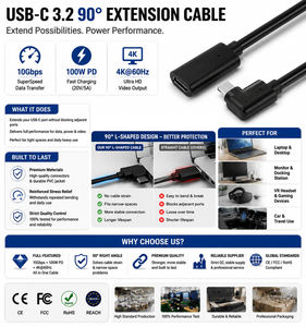 Cable de Extensión USB 3.2 Gen 2 de LUNG KAY, Fabricación OEM, 10Gbps, PD 100W, 5A, Carga Rápida, Cable Tipo-C de 90 Grados en Ángulo Recto - Product Image 2