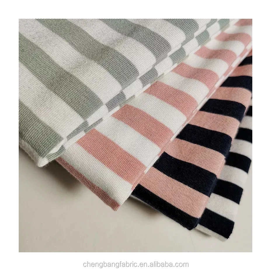 Chengbang, fabricante de punto, 100% hilo de algodón teñido, algodón peinado, tela de jersey de punto de rayas elásticas
