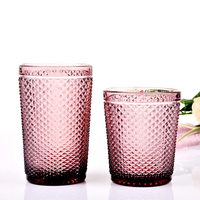 Verre à eau rose en verre gaufré diamant vintage en gros, pour boire et comme porte-bougie, décoration de table à domicile