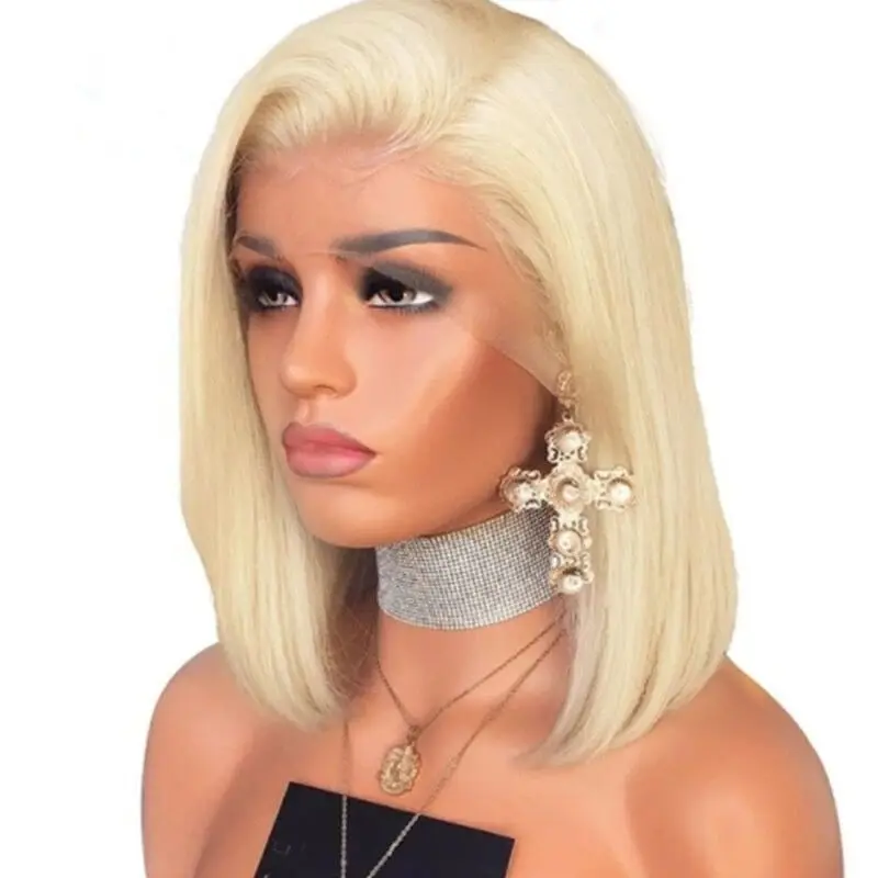 European American Front Lace Light Gold Partial Split Chemical Fiber Fashion Wave Bobo Head Cover Short Straight Hair Wig