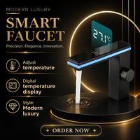 Robinet de lavabo de salle de bain noir mat de luxe avec affichage numérique intelligent, capteur de température, mitigeur de lavabo en laiton à poser sur le comptoir