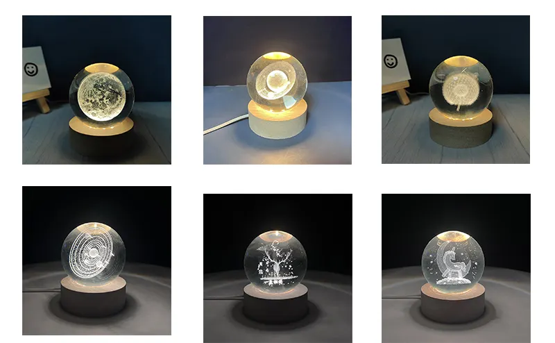 Lampe boule de cristal d'art 3D Système solaire Veilleuse à LED Décoration intérieure de bureau lumineuse