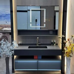 Lavabo Empotrado en Losa de Piedra, Mueble de Baño Plegable Inteligente Minimalista, Encimera de Madera Maciza Multicapa Gris - Product Image 1