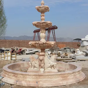 Outdoor Large Nature Stone Fountain Water Feature Beige Marble Water Fountain Lion Sculpture