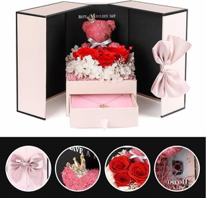 Rosa Preservada Real de 5-6 cm, Día Eterno, <span class=keywords><strong>Te</strong></span> <span class=keywords><strong>Amo</strong></span>, Roja y Negra, <span class=keywords><strong>en</strong></span> Caja con Forma de Corazón con Collar de Osito de Peluche - Product Image 3
