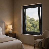 Ventana oscilobatiente de aluminio con bisagra oculta de apertura interior, manija con bloqueo, herrajes de acero inoxidable y a prueba de viento.