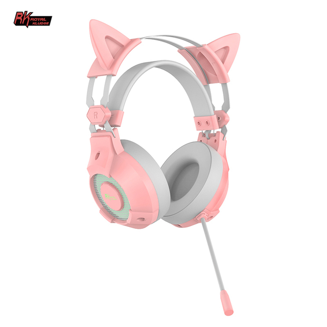 Royal Kludge RK Custom pink Rgb Usb Cat Ear Pc Computer Wired Gaming Headset Headphones Gamer with Mic for Game