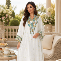 Gaun Maxi Panjang Bordir Tali Polyester Berhias Manik-Manik V-Neck, Busana Muslimah Sopan untuk Pesta, Festival, Acara Spesial, Abaya Floral ODM