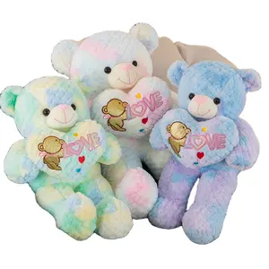 2024新款彩色拥抱爱心泰迪熊毛绒动物玩具卡哇伊生日情人节女孩礼物可爱泰迪熊靠垫