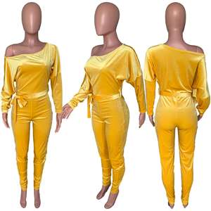 <span class=keywords><strong>Mono</strong></span> de terciopelo elástico con mangas murciélago, hombros descubiertos y cinturón, con pantalones ajustados para mujer - Moda Sehe - Product Image 6