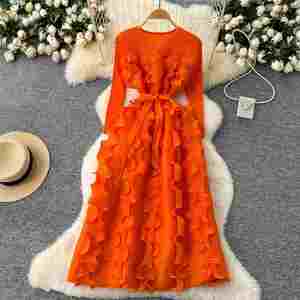 Vestido midi plisado elegante de primavera con cuello redondo, tejido transpirable, antiestático, corte A, ajustado, para mujer, cintura imperio, encaje 3D - Product Image 1