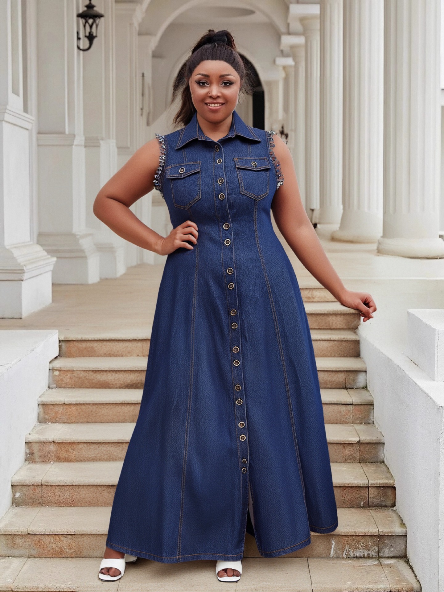 formal jeans dress for women Womens Denim Button Down Shirt Dress Ruffle Flowy Midi Jean Dress Short Sleeve A-Line Jeans Dresses with Pockets at Amazon Women's Clothing store