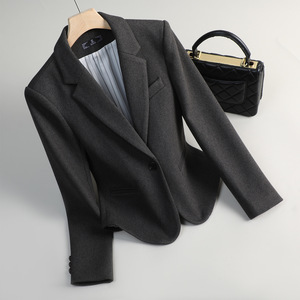 Women's Grey Plaid Suit Jacket Medium Thickness Polyester Worsted Professional Style Spring Autumn Short Top Petite Casual - Product Image 2