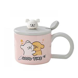 Tasse en céramique avec couvercle et cuillère, motif chien joyeux, grande poignée, grande capacité, pour couples, usage domestique - Product Image 1