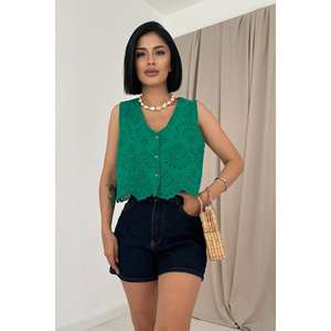 Chemisier vert sans manches brodé pour femme, style bohème, en organza transparent, pour tous les jours - Product Image 4