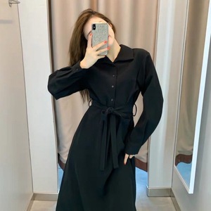Black Shirt Dress Women Long Sleeve Turn Down Collar Solid Color Vintage Daily Wear A Line Mid Length Dress - Product Image 4