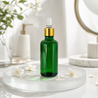 Flacon compte-gouttes en verre vert avec capuchon doré, bulbe en caoutchouc transparent, solution d'emballage cosmétique rechargeable pour marques