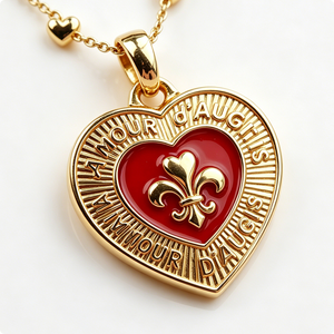 Heart-Shaped Gold-Plated Hard Enamel Medal With Red Center And Fleur-De-Lis Design For Valentine'S Day Love Theme - Product Image 4