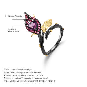 Bague ouverte unisexe Vision Améthyste en argent sterling plaqué, incrustée de strass en cristal, style floral vintage élégant, en alliage, pour soirée - Product Image 6