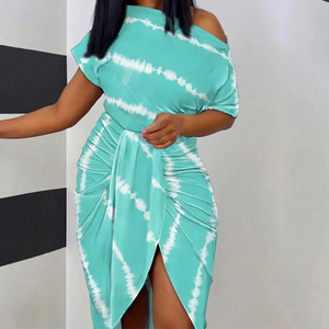 S-XXL nouveau été femmes Sexy imprimé à manches courtes col diagonal robe irrégulière robe de soirée - Product Image 6