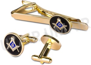 Ensemble de boutons de manchette et pince à cravate maçonniques en métal bleu et or, motif équerre et compas, prix de gros - Product Image 2