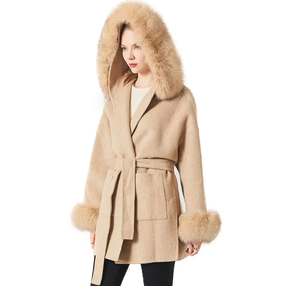Bayan gerçek tilki kürk kapşonlu yaka kaşmir kürk ceket bayanlar bulanık orta boy kuzu derisi kürk palto Hood ile