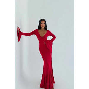 Robe de soirée rouge brodée à manches longues, style droit simple, col montant, taille empire, tailles XS-XL, pour banquets et invités de mariage - Product Image 3