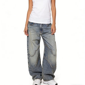 Jeans vintage à jambes larges pour femmes, avec ceinture côtelée patchwork et motifs variés, tendance - Product Image 3