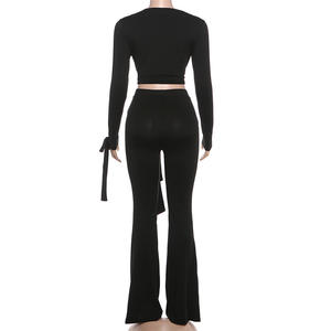 G01797C Sexy Bandage Patchwork Damen 2-teiliges Set Outfit Einfarbig Ausgeschnittenes Bodycon Crop Top + Hose Damen Streetwear Neu - Product Image 4