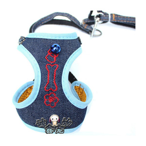 Pet Harness Denim Blue Red Floral Pattern Nylon <b>Chest</b> Strap For <b>Small</b> Dogs - Product Image 1