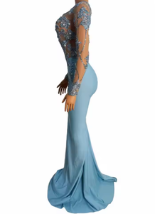 فستان سهرة أزرق طويل بأكمام طويلة ومطرز بالترتر، فستان فاخر وجذاب عالي الجودة بمقاس كبير للحفلات والمناسبات، قابل للتخصيص - Product Image 5