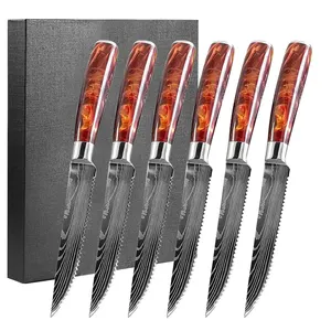 4,5 pulgadas 6 uds juegos de cuchillos para carne patrón de Damasco 4cr13 Acero inoxidable dentado cuchillo para carne conjunto caja de regalo