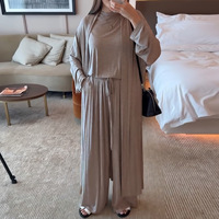 İslami Giyim Kadın 3 Parça Ev Giyim Seti Moda Günlük Düz Renk Hırka Üst Pantolon Takımı Jersey Müslüman Kadın Abaya Seti