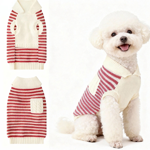 ملابس للحيوانات الأليفة، قميص مخطط أحمر وأبيض للقطط والكلاب، سترة قطنية محبوكة للكلاب للصيف - Product Image 2
