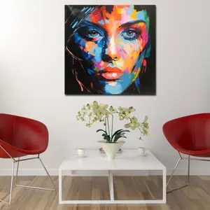Portrait de visage de femme abstrait fait à la main Art mural sur toile avec couteau à <span class=keywords><strong>palette</strong></span> Cadre en bois Décoration intérieure artistique - Product Image 2