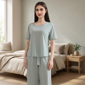 Ensemble de pyjama en coton et fibre de bambou pour femme, manches courtes, col uni, vêtements de nuit décontractés, été, longueur intégrale, tricoté, élastique à l'avant - Product Image 1