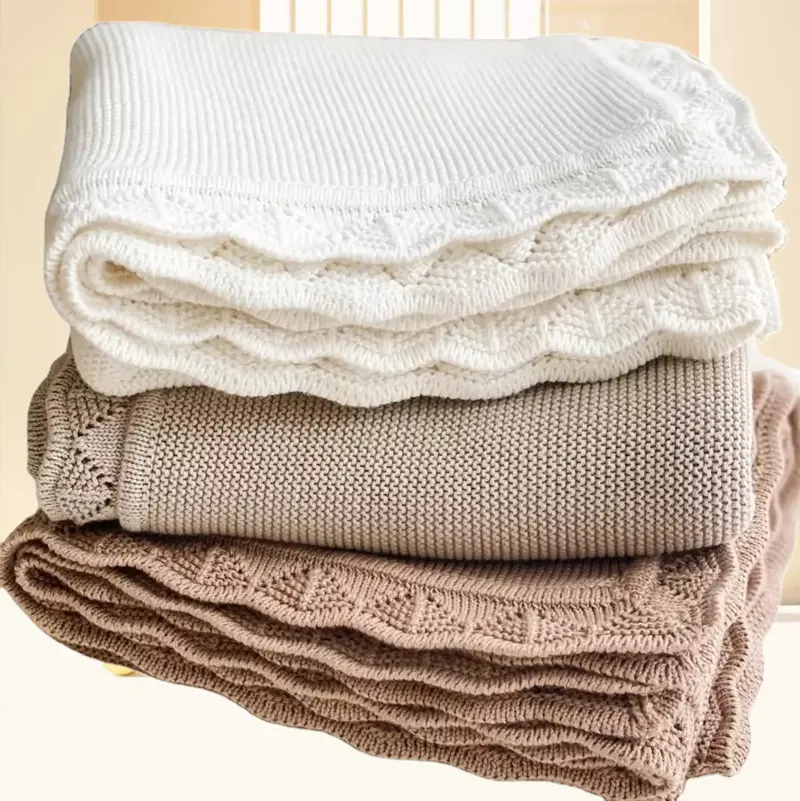 2023 Wholesale Winter Custom Super Soft Lovey Plain Hollow Cotton Crochet Baby Knit Throw Blanket for Car Seat