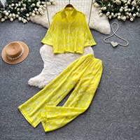 Ensemble de 2 pièces pour femmes, imprimé floral d'été, chemise à manches courtes boutonnée, pantalon large, ensemble assorti décontracté pour les vacances