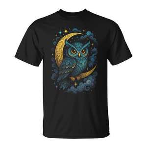 Camiseta colorida mística cósmica con diseño de búho, luna, estrellas y noche - Product Image 1