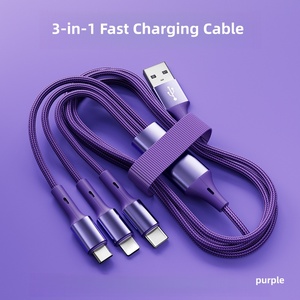 สายดาต้าแบบ3 in 1สาย USB-A ไนลอนถัก6A 66W แบบพกพาสำหรับ IPhone15 <span class=keywords><strong>14</strong></span> 13และพาวเวอร์แบงค์ - Product Image 1
