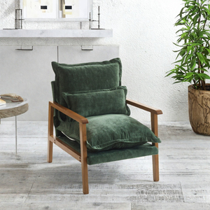 Fauteuil moderne en velours avec pieds en bois, dossier solide, chaise longue pour salon, style mid-century, siège rembourré vert - Product Image 1