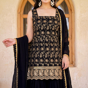 Traje Anarkali Tradicional para Mujer, Negro, Bordado, Mezcla de Seda, Largo hasta el Suelo, para Fiestas, Estilo India Pakistán - Product Image 1