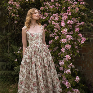 Chic vintage của phụ nữ in hoa cổ vuông không tay cao eo Loe Váy chính thức đám cưới khách Maxi Dress - Product Image 1