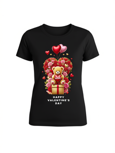 T-shirt con stampa Happy Valentine's Day Plush Bear da donna, manica corta, girocollo, casual, primavera estate, outfit regalo - Product Image 1