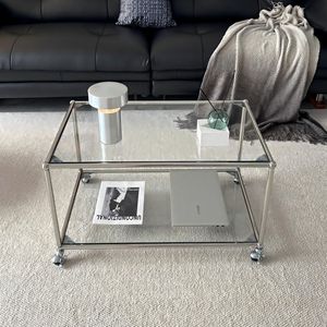 Modern Glass Coffee Table <b>Square</b> Stainless Steel Frame With Wheels Living Room Furniture - Product Image 4