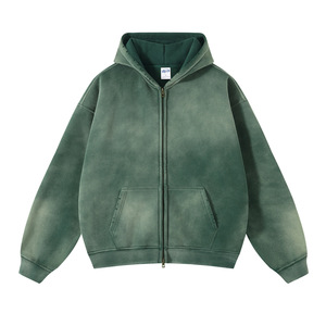 H5544 Vente en gros de sweats à capuche personnalisés en coton mélangé 360 g/m² doublés de polaire, imprimés à la cire, lavés, avec fermeture éclair pour hommes - Product Image 4