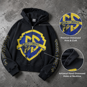 Sudadera con capucha y cremallera personalizada, estilo vintage desgastado, unisex, estilo urbano, rasgada, hip hop, corte holgado, de algodón 100% de alto gramaje, con estampado lavado - Product Image 5