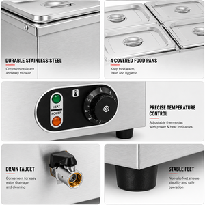 Commercial Bain Marie Electric Soup <b>Warmer</b> 4 Pan Stainless Steel <b>Buffet</b> <b>Food</b> <b>Warmer</b> with Drain Faucet 220V 1500W - Product Image 2